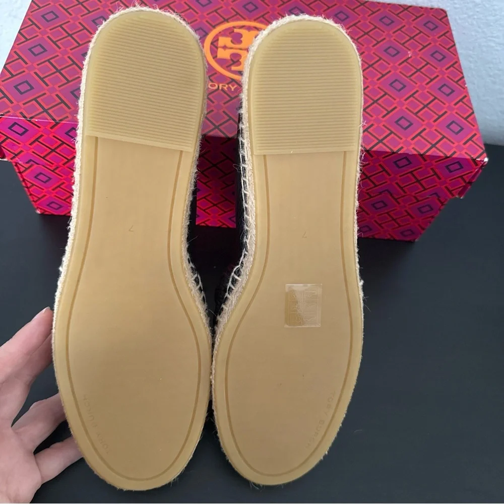NEW Tory Burch Everly Black Leather Crochet Espadrille  Flat Slio On